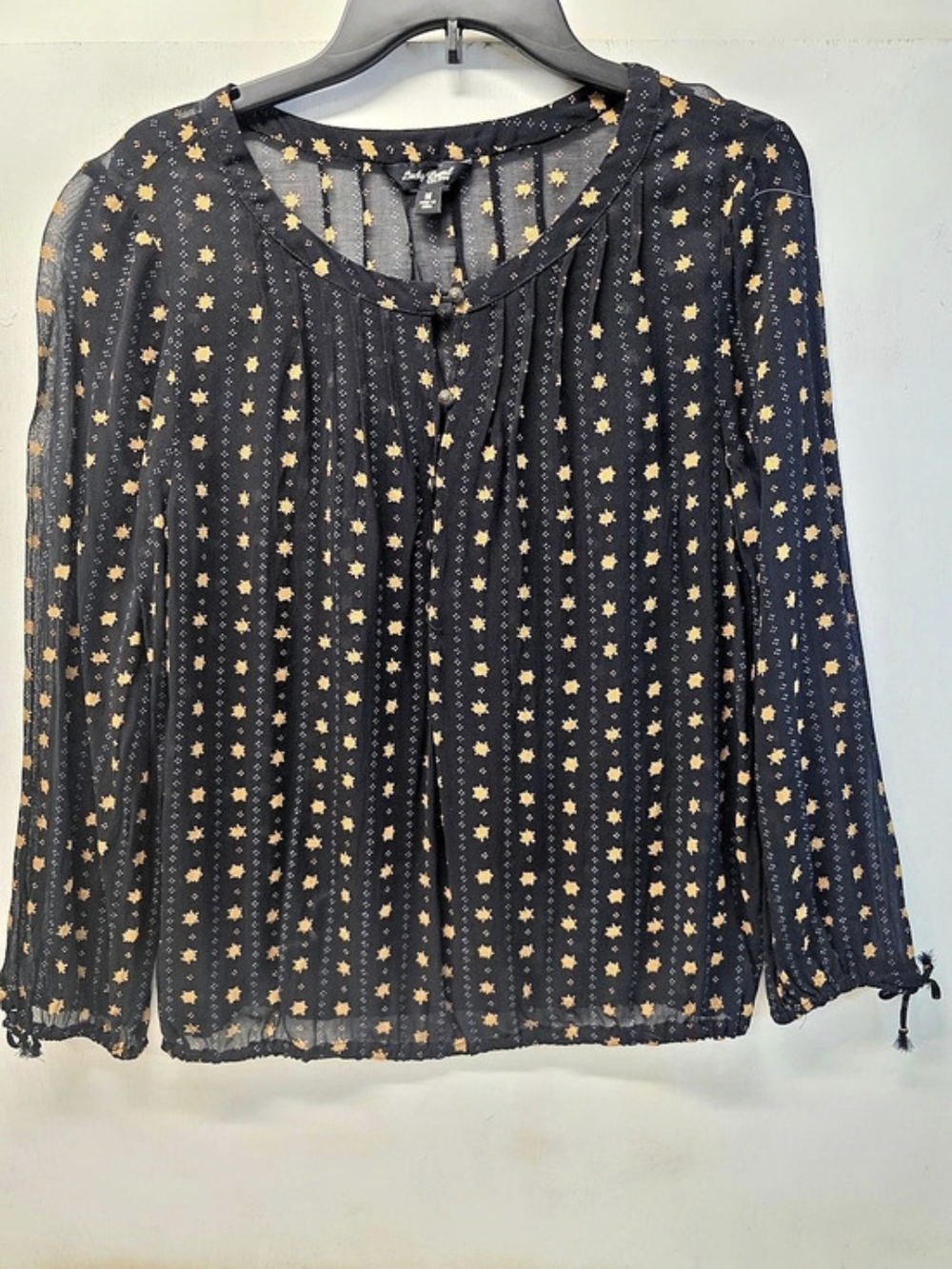Lucky Brand Women’s M Black Mustard Floral Sheer Long Sleeve Boho Blouse Top
